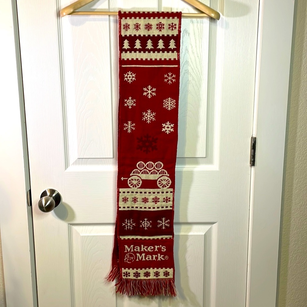 Maker’s Mark red / ivory holiday scarf with snowflakes trees & fringe trim